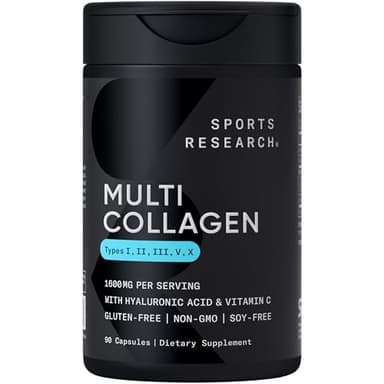 Sports Research® Multi Collagen Pills for Women & Men - Collagen Peptides (Type I, II, III, V, X) Enhanced with Hyaluronic Acid & Vitamin C - Gluten Free ­· Non-GMO - 90 Capsules - Image 1