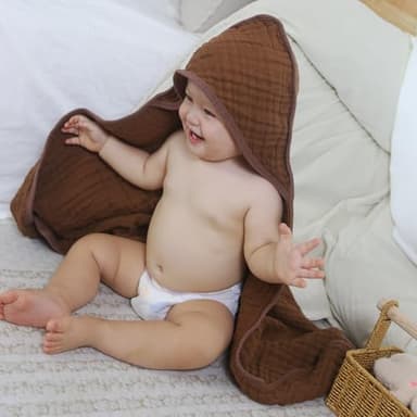 HardNok Muslin Baby Hooded Towels 4 Pack, Premium Muslin 6 Layers Natural Cotton Baby Bath Towels, Soft and Comfortable for Boys,Girls (32 x 32, (Coffee & Beige) - Image 2