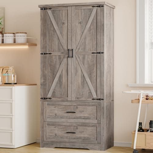 BORNOON Pantry Organizers and Storage Cabinet, 71” Barn Door White Kitchen Cabinet with Drawers and Adjustable Shelf, Tall Pantry for Kitchen, Dining Room, Living Room. Bathroom and Office - Image 1