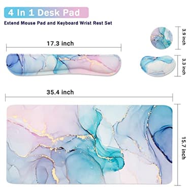 Ergonomic Large Mouse Pad and Keyboard Wrist Rest, Desk Pad for Keyboard and Mouse, 4-in-1 Large Gaming Mouse Pad with Wrist Support - Blue Marble - Image 3