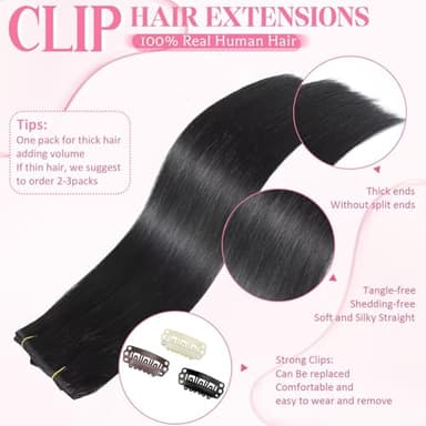 Tebelove Clip in Hair Extensions Real Human Hair 3.6oz/100g Clip ins 100% Brazilian Remy Human Hair Extension for Women 8pcs Per Set with 18 Clips Double Weft (16 Inch #1 Jet Black) - Image 4
