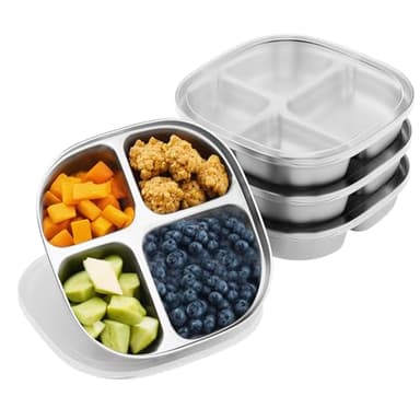 Hyperzacc Stainless Steel Kids Plates,Set of 4 Toddler Plates with Lids - 4 Compartments Stainless Steel Snack Container for Kids Non Toxic & 100% BPA Free - Image 1