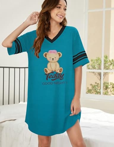 Ekouaer Womens Nightgown Cotton Sleepwear Short Sleeve Sleep Shirt V Neck Color Block Nightshirt Teddy Blue L - Image 3