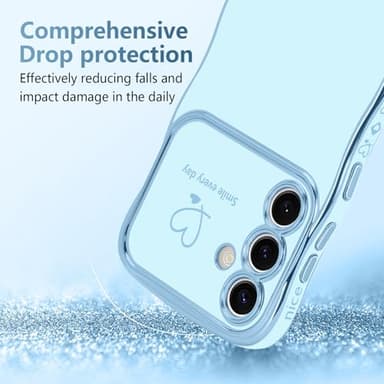 LCHULLE for Samsung Galaxy S24 Plus Case for Women Girls, Cute Wave Frame Curly Shape with Love Heart Camera Protection Cover Luxury Plating Shockproof Phone Case for Galaxy S24 Plus 5G, Baby Blue - Image 3