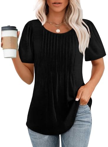 T Shirts for Women Loose Fit Pleating Short Sleeve Casual Summer Tops Black Beach Vacation Clothes for Women XL - Image 1