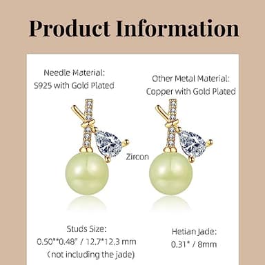 LOOYUUPEE Natural Hetian Jade & Zircon Earrings for Women, Dainty Lucky Green Jade Leaf Charm Pendant Jewelry Studs, Handmade Ear Stud Earrings for Mom Lover Her (925 Sterling Silver with Gold Plated) - Image 2