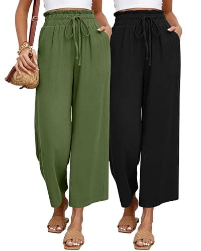 Riyiper 2 Pcs Women's Wide Leg Pants, Casual Linen High Waisted Cropped Trousers with Pockets Drawstring Loose Palazzo Pants (Black, Army Green, Large) - Image 1