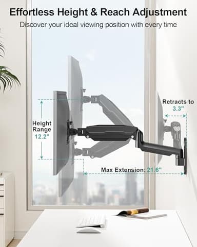 MOUNT PRO Single Monitor Wall Mount for 13 to 32 Inch Computer Screens, Gas Spring Monitor Arm Holds Up to 17.6lbs, Full Motion Adjustable Wall Bracket, VESA Mount 75x75, 100x100, Black - Image 8