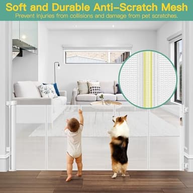 Reinforced 60" Wide Retractable Baby Gate with Reinforced Rods, 5 ft Retractable Dog Gate Indoor/Outdoor Baby Gate Retractable Gate - Bottom Anti-Escape, White - Image 6