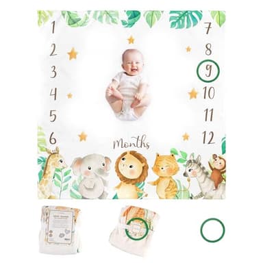 KooKooBaby Monthly Milestone Blanket, 47"x47" Premium Fleece Baby Blanket with Felt Marker, Safari Animals - Image 1