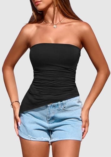 PRETTYGARDEN Womens Tube Top 2025 Summer Trendy Strapless Tops Going Out Outfits Ruched Asymmetrical Bandeau Shirts (Black,Small) - Image 5