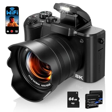 Fulealfly 8K Digital Camera for Photography, 88MP Autofocus WiFi Vlogging Camera for YouTube Video with Front and Rear Lens, Flash, Touch Screen, Lens Hood, 64GB Card, 2 Batteries(Black) - Image 1