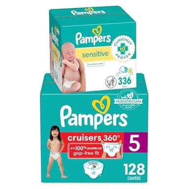Diapers Size 5, 128 Count and Baby Wipes - Pampers Pull On Cruisers 360° Fit Baby Diapers with Stretchy Waistband, ONE MONTH SUPPLY with Sensitive Wipes, 6X Pop-Tops, 336 Count (Packaging May Vary) - Image 1