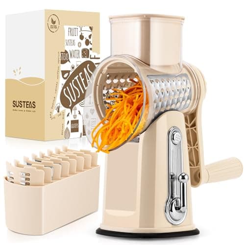SUSTEAS Rotary Cheese Grater with Handle - Vegetable Shredder with 5 Well-designed Blades & Strong Suction Base,Round Mandoline Slicer & Food Chopper for Kitchen,with Blade Storage Box(Beige) - Image 1