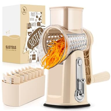 SUSTEAS Rotary Cheese Grater with Handle - Vegetable Shredder with 5 Well-designed Blades & Strong Suction Base,Round Mandoline Slicer & Food Chopper for Kitchen,with Blade Storage Box(Beige) - Image 1
