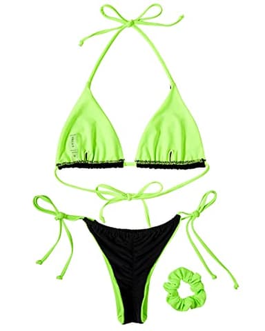 MOSHENGQI Women Sexy Brazilian Bikini 2 Piece Spaghetti Strap Top Thong Swimsuit Bathing Suit(M,Fluorescent Black) - Image 3