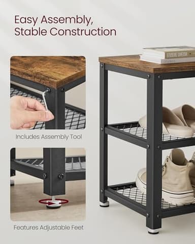 VASAGLE 3-Tier Shoe Rack, Shelf Storage Bench with Metal Mesh Shelves and Seat, Free Standing Shoe Organizer for Entryway, 11.8 x 28.7 x 17.7 Inches, Rustic Brown and Black ULBS73X - Image 5