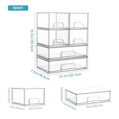 Vtopmart Stackable Storage Drawers Set of 6, Clear Plastic Organizer Bins for Bathroom Supplies,Ideal for Cabinet,Pantry,Laundry Room Organization - Image 3