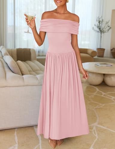 ZESICA Women's Off The Shoulder Maxi Dress 2025 Summer Sleeveless Casual Slim Swing Pleated Formal Party Dresses,Pink,Small - Image 2