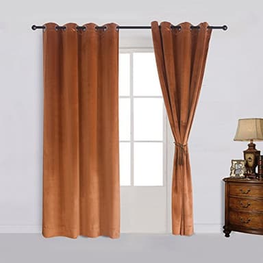 Cherry Home Super Soft Rustic Velvet Pumpkin Orange Blackout Drapes Room Darkening Curtains Panel Grommet Drapery 52 by 120-Inch Caramel Cafe(2 Panels) with Matching Tiebacks - Image 2