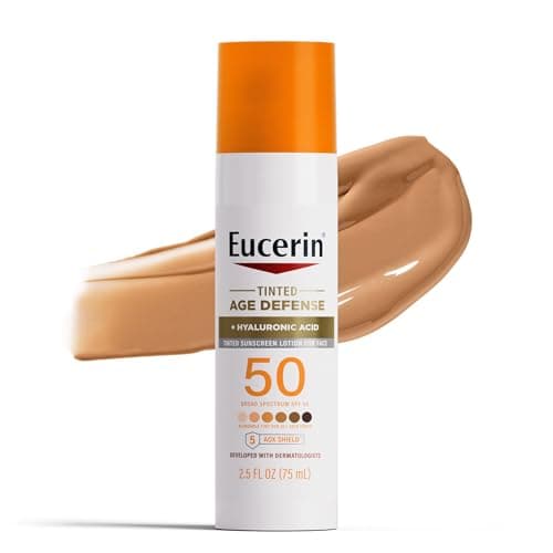 Eucerin Sun Tinted Age Defense Face Sunscreen Lotion SPF 50 with Hyaluronic Acid, Tinted Sunscreen for Face, Blendable Tint for All Skin Tones, Non Comedogenic and Hypoallergenic, 2.5 Fl Oz Bottle - Image 1