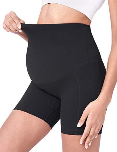 POSHDIVAH 2 Pcs Black Women's Maternity Yoga Shorts Over The Belly Bump Summer Workout Running Active Short Pants with Pockets 5" Small - Image 2