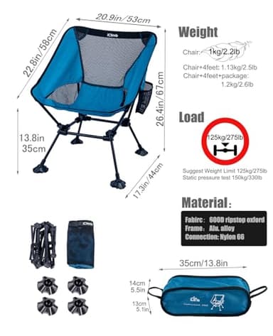iClimb Ultralight Compact Camping Folding Beach Chair with Anti-Sinking Large Feet and Back Support Webbing (Blue - Square Frame) - Image 3