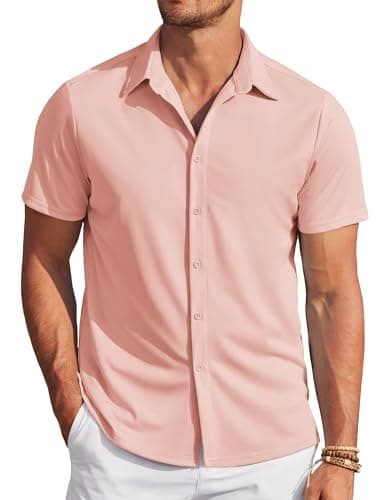 COOFANDY Men's Casual Button Down Shirts Short Sleeve Wrinkle Free Summer Tops Light Pink - Image 1