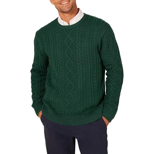 Amazon Essentials Men's Long-Sleeve 100% Cotton Fisherman Cable Crewneck Sweater, Dark Green, Medium - Image 1