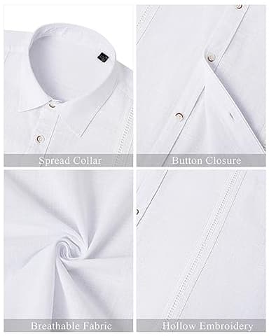 Mens Linen Shirts Short Sleeve Button Down Shirt Casual Cuban Guayabera Lightweight Summer Beach Solid Tops White - Image 6