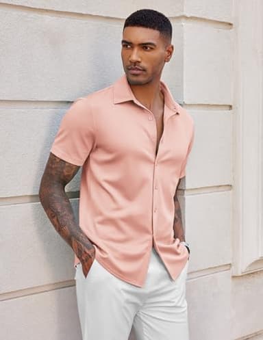 COOFANDY Men's Casual Button Down Shirts Short Sleeve Wrinkle Free Summer Tops Light Pink - Image 3
