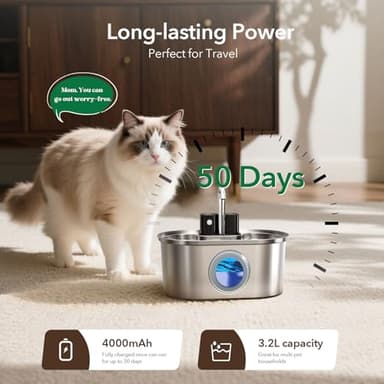 Cat Water Fountain Stainless Steel 108oz/3.2L:Battery Operated Wireless Cat Fountains for Drinking Indoor, Automatic Pet Water Dispenser with Ultra Quiet Pump,Multi-Filtration,Easy Clean BPA-Free - Image 8