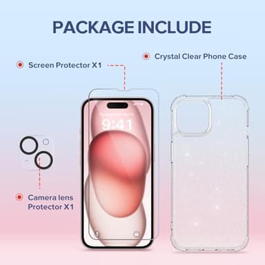 TIESZEN 3 in 1 Compatible with iPhone 15 Case Glitter, with Screen Protector + Camera Lens Protector, [Non-Yellowing] Clear Sparkle Slim Shockproof Hard Phone Cover for Women 6.1 Inch, Shiny Clear - Image 6