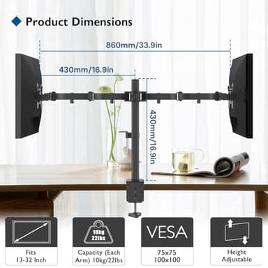 BONTEC Dual Monitor Desk Mount, Full Motion Adjustable Monitor Stand for 13–27 Inch Screens, Heavy Duty Arms Hold Up to 22 lbs Each, VESA 75x75/100x100 mm, C Clamp and Grommet Base, Cable Management - Image 3