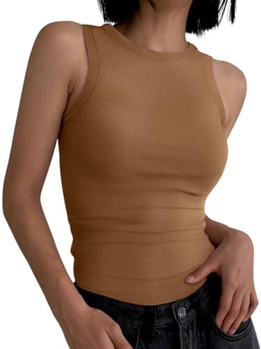 ANRABESS Womens Sleeveless High Neck Tank Tops Fashion Summer Casual Basic Slim Fit Ribbed Racerback Top Shirt Clothes Coffee X-Large - Image 2