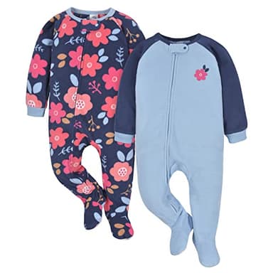 Gerber Baby Girls Toddler Loose Fit Flame Resistant Fleece Footed Pajamas 2-Pack Floral Blue 5T - Image 1
