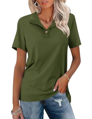 Women's Polo Shirts Short Sleeve Shirts for Women Business Casual Tops Cotton Blouses Fitted Shirts Dry Polo Shirts,Army Green,S - Image 1