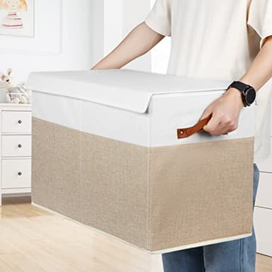 Large Toy Storage Box with Lid, Sturdy Toys Storage Chest Bin Organizer Basket with Dividers for Kids, Boys, Girls, Nursery, Closet, Bedroom, Playroom 25"x13" x16" (Beige and White) - Image 6