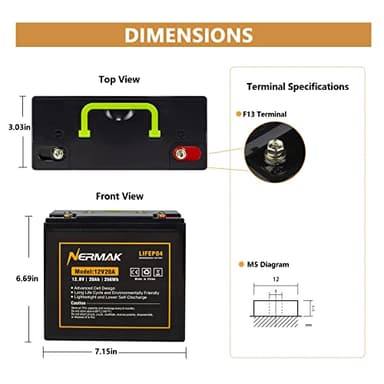 NERMAK 12V 20Ah Lithium LiFePO4 Deep Cycle Battery, 2000+ Cycles Lithium Iron Phosphate Rechargeable Battery for Solar Power, Lighting, Outdoor camping, Power Wheels, Fish Finder, Built-in 20A BMS - Image 2