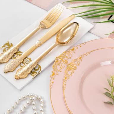 Nervure 350PCS Pink Plastic Plates - Pink Dinnerware Sets for 50 Guests - 100 Disposable Plates, 150 Gold Plastic Silverware, 50 Cups, 50 Napkins for Wedding & Party - Image 2