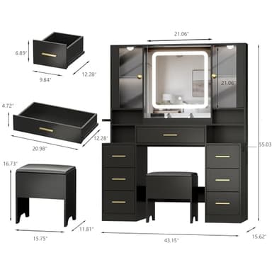 BORNOON Makeup Vanity with LED Light Strip Mirror and Chair, 7 Drawers & 2 RGB Cabinets Black Vanity Makeup Desk with Power Strip, Adjustable LED Lighting, and Cushioned Stool for Women, Girls, Teens - Image 6