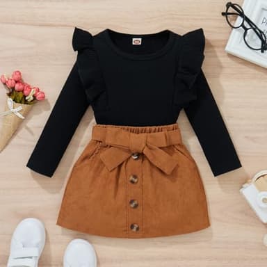 fhutpw Baby Toddler Girl Outfits Fall Winter Clothes Turtleneck Knitted Cotton Long Sleeves Tops & Button Mini Skirts Set - Image 2