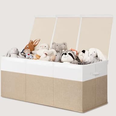 INDRESSME 185L Extra Large Toy Box, Toy Storage Organizer Collapsible Storage Bins with Lids Toy Chest for Playroom, Living Room, Toy Baskets Storage Kids, Boys Girls 39" x 17" x 17" (Beige & White) - Image 1