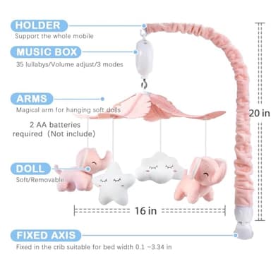 FEISIKE Crib Mobile for Girls Baby Mobiles with 3 Modes Digital Music Box（Turn Only, Music Only, Turn & Music, 35 Lullabies, Pink Elephant Nursery Mobile, Clamp Type, Pretty Box Packaging - Image 3
