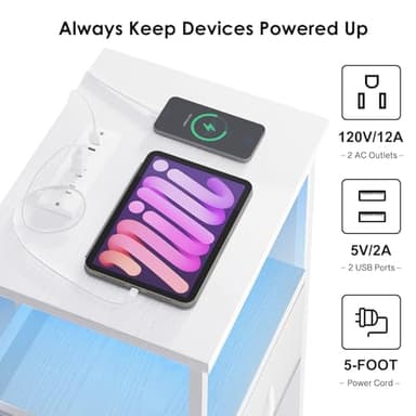 Fixwal Tall Nightstand with Charging Station and LED Lights, Night Stand with PU Finish Fabric Storage Drawers, 5 Drawer Dresser, White - Image 5