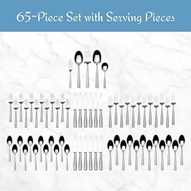 Mikasa Oliver Satin Flatware Set for 12, 65 Piece 18/10 Stainless Steel Silverware with Stylish Satin Finish and Serving Utensils, Durable Dinnerware Service - Image 3