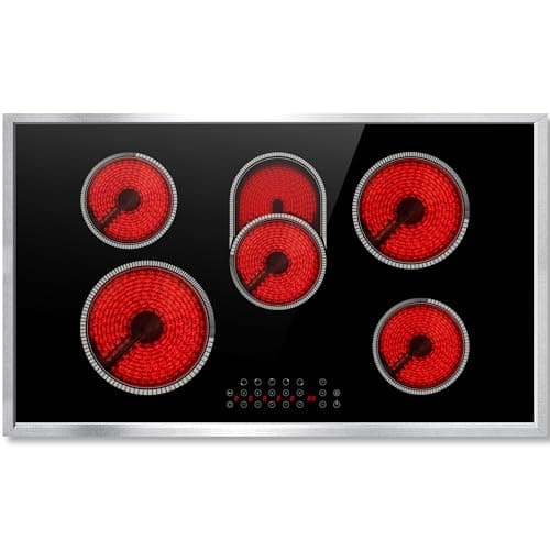Pladeca Electric Cooktop 36 Inch, 5 Burners Electric Stove Top Touch Control, 8400W Built-in Ceramic Stovetop 36" with Expandable Zone, Child Lock, Timer, Pause Control, 220-240v Hardwired (No Plug)