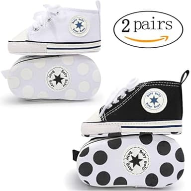 xioqen Unisex Baby Boys Girls Shoes, Newborn Infant Non-Slip Canvas Denim High Top Sneakers, Toddler First Walkers Shoes (011/2pairs/Black+White, 12-18 Months - Image 4