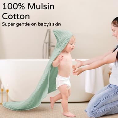 Yoofoss Hooded Baby Towels for Newborn 2 Pack 100% Muslin Organic Cotton Baby Bath Towel with Hood for Babies, Infant, Toddler and Kids, 32x32Inch, Soft and Absorbent Newborn Essential,Apricot&Green - Image 2