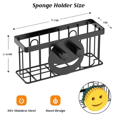 MURLONG Sponge Holder Smiley Face, Sink Caddy for kitchen Sink, Kitchen Organizer Sponge Holder with 2 PCS Suction Cups/1 PCS Adhesive Strips, Designed for Sponge, Soap, Dish brush, Scrubber-Black - Image 2